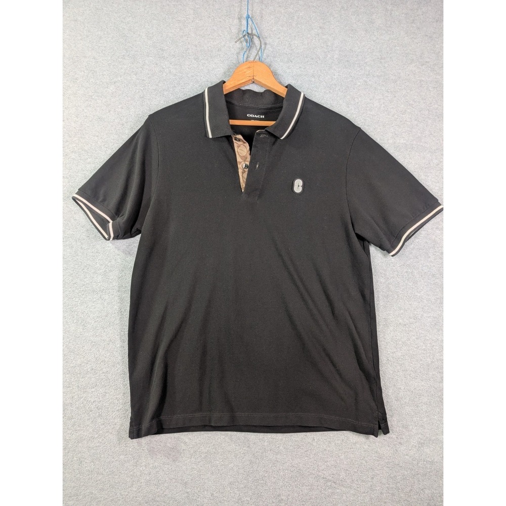 Coach Signature Placket Polo Shirt Large Black White Trim C Logo Golf Casual